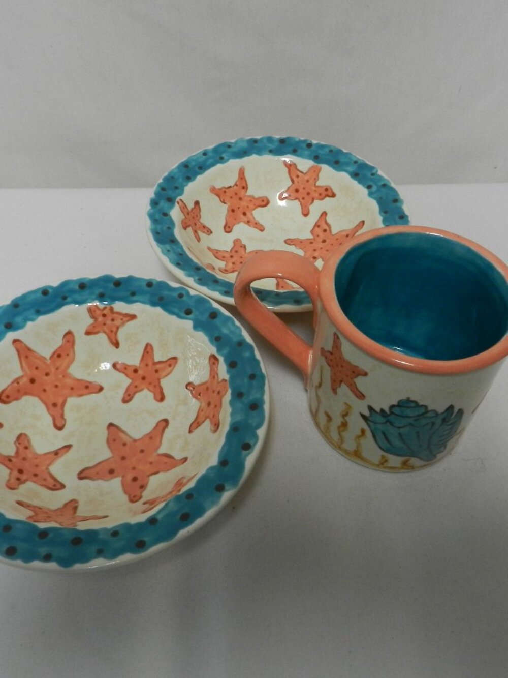 Barbara Walter & Safe Haven Studio Art Pottery Nautical Starfish 2 bowls mug